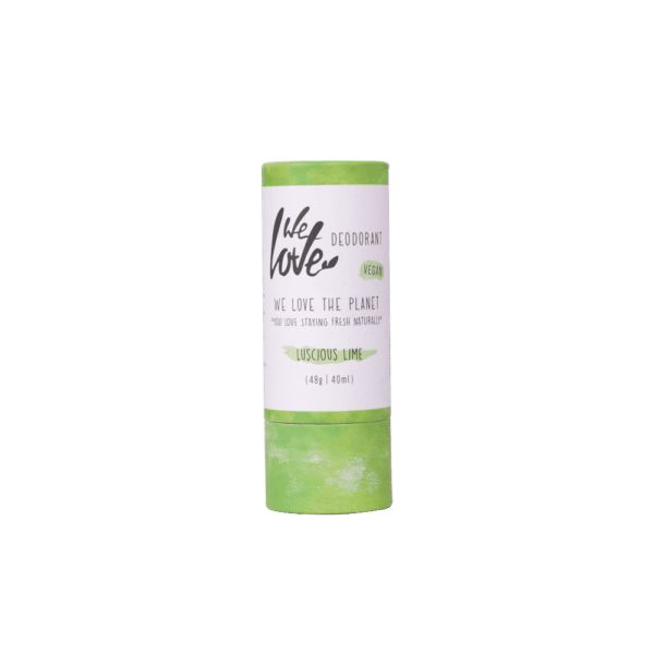 Pureday En roll-up stick af Økologisk deodorantstift - Lucious Lime - Vegansk 48g med limedesign på etiketten, isoleret mod sort baggrund.