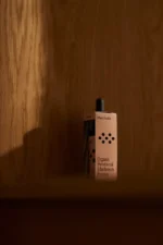 Pureday En flaske mærket "Kosttilskud shiitake - Svampe Ekstrakt - Øko" står på en træbaggrund, delvist skygget, med et blødt fokus på det teksturerede træ og formidler en følelse af naturlig fløjl.