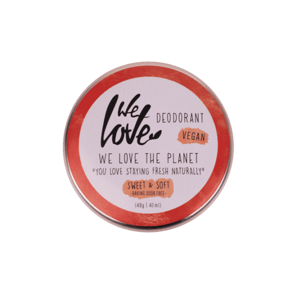 Pureday Rund deodorantbeholder med rød og hvid etiket med teksten "Økologisk Deodorant Creme - Sweet & Soft - vegansk 48g".