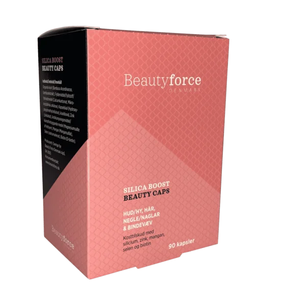 Pureday En lyserød æske med Beauty Force - Silica Beauty Boost Kapsler 90stk, der fremhæver ingredienser til hår, negle og hudsundhed, vist i en vinklet visning, der viser flere sider. Fremmer velvære og overordnet