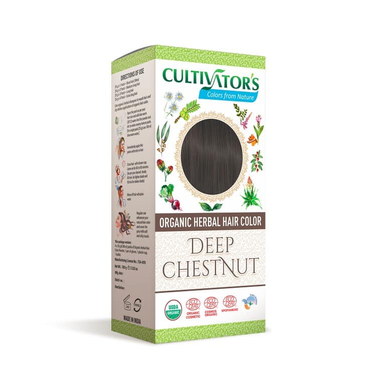 Pureday Æske med "Cultivators Henna hårfarve Mahogany 100g" i dyb kastanje nuance, med produktdetaljer og ikoner til forskellige certificeringer på en ren hvid baggrund. Pureday Æske med "Cultivators Henna hårfarve Mahogany 100g" i dyb kastanje nuance, med produktdetaljer og ikoner til forskellige certificeringer på en ren hvid baggrund.