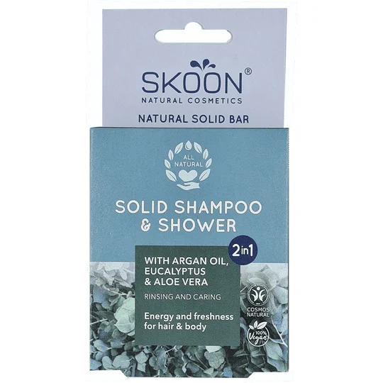 Pureday Emballage af Skoon Solid shampoo & Shower bar 2 i 1 Energi og Friskhed med arganolie, eukalyptus & aloe vera, mærket for energi og friskhed, certificeret ø