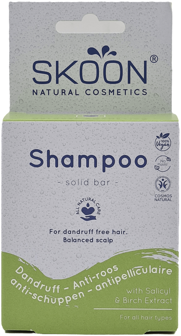 Pureday Billede af en Skoon Solid Shampoo Anti-Dandruff-pakke lavet til skælfrit hår og en afbalanceret hovedbund. For at fremhæve dens naturlige certificeringer indeholder den salicylsyre og birkekstrakt for at fremme velvære for alle hårtyper.