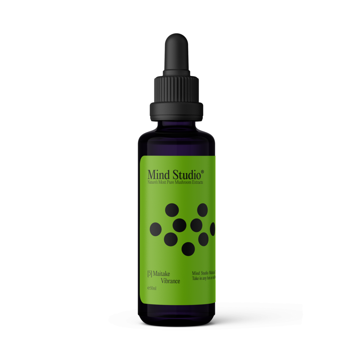 Pureday En mørk dråbeflaske med en grøn etiket, hvor der står "Mind Studio" og "Miracle Vibrance", med sorte prikker. Dets minimalistiske design komplementerer skandinavisk elegance og rummer Mind Studios potente Maitake Økologisk Svampe ekstrakt, lavet af omhyggeligt dyrkede lokale svampe.